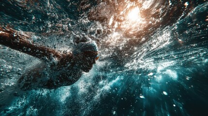 Obraz premium Man swims underwater towards bright sunlight illuminating ocean surface from below during the day
