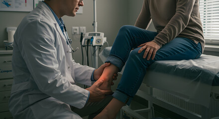 Fototapeta premium Doctor Examining Patient's Foot Sitting on Examination Table in Medical Clinic