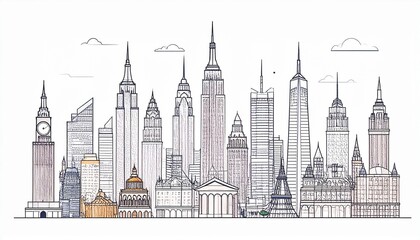 Detailed skyline illustration featuring various famous buildings and landmarks.