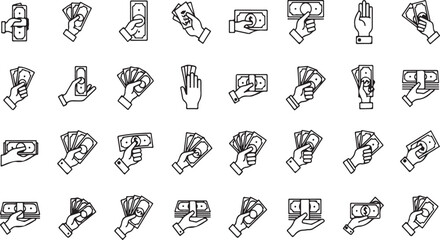 Collection of stylized hand gestures holding money bills and cards various financial transactions vector