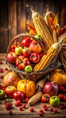 Autumn harvest basket with corn, apples, pumpkins, and other vegetables
