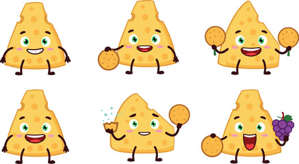 Cute cartoon cheese character with crackers and grapes, funny dairy food mascot illustration, happy smiling cheese slice vector artwork design