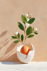 Cracked white egg holding a sprouting plant with a glowing orange centerpiece