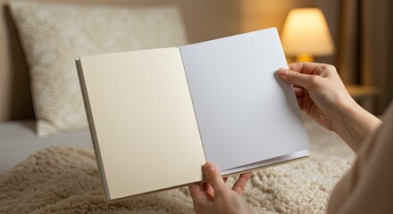 Obraz premium A book is held open in a bedroom revealing one creamcolored page and one white page A lamp is visible in the background