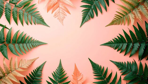 Green and Peach Fern Leaf Frame on Pink Background