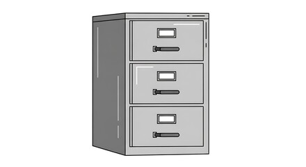 Minimalist ThreeDrawer Metal Filing Cabinet Illustration with Clean Lines and Subtle Shading.