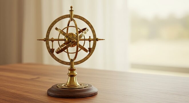 A brass armillary sphere sits on a wood table against a blurred window