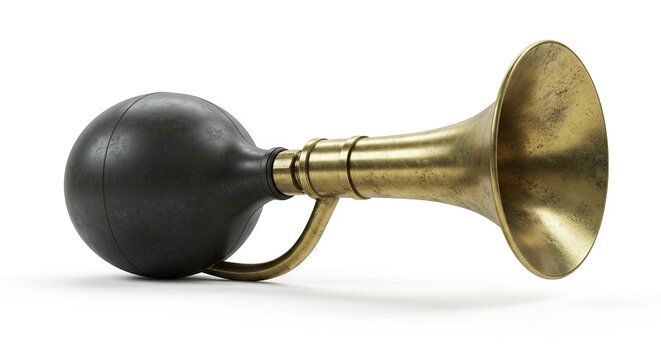 A brass bulb horn with a black bulb and aged metal resting on a white surface