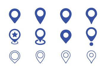 Set of Various Vector Map Pin Icons in Different Styles and Sizes for Navigation, Travel, and Location Services