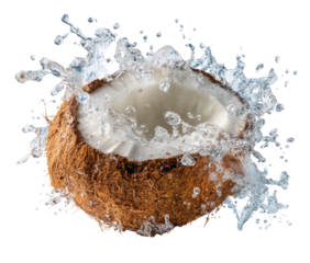 A halved coconut in a burst of splashing water