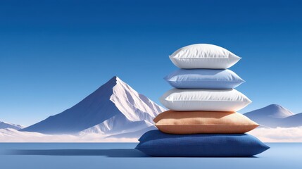 Stacked colorful pillows against a majestic snow-covered mountain under a clear sky