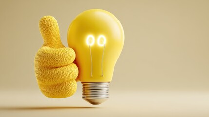 Yellow light bulb with glowing filament and thumbs up suggesting an idea is excellent