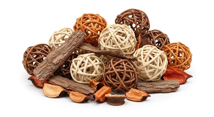 A cluster of wicker balls in brown tan  beige interspersed with bark strips and potpourri on a white backdrop
