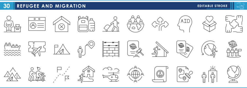 A set of line icons related to Refugee and Migration. Refugee, migrate, abroad, camp, law, global issue, and so on. Vector editable stroke.