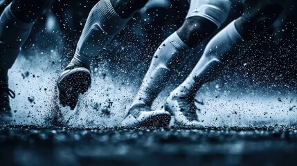 Dynamic capture of athletes sprinting, splashing through mud, showcasing speed and intensity in a dramatic, monochromatic style.
