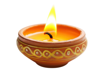 Traditional clay diya lamp with burning flame, isolated on transparent cutout background