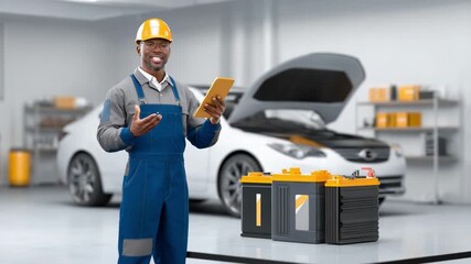 The Mechanic's Assessment: A confident mechanic, stands ready in a modern garage setting, the hood of a car open in the background, with car batteries prominently displayed in the foreground.