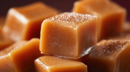 Ultra quality image of caramel cubes, close-up. Detailed view, rich color. Dessert, sweet treat.