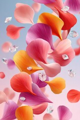 Colorful flower petals with diamonds floating in soft pastel background