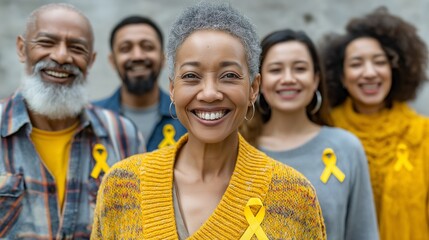 Group of diverse people wearing yellow ribbons, Setembro Amarelo concept