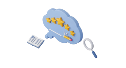 A blue cloud with five yellow stars and a blue pencil with a red eraser on a white background.