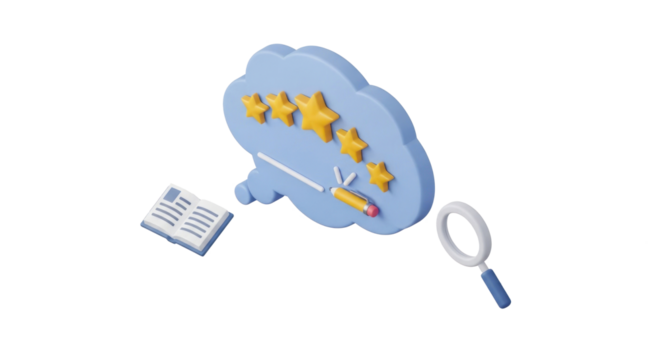 A blue cloud with five yellow stars and a blue pencil with a red eraser on a white background.