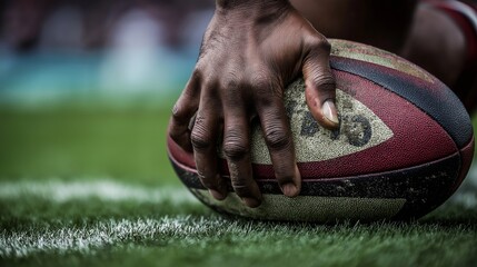 Close-up shot of rugby player with hand on ball