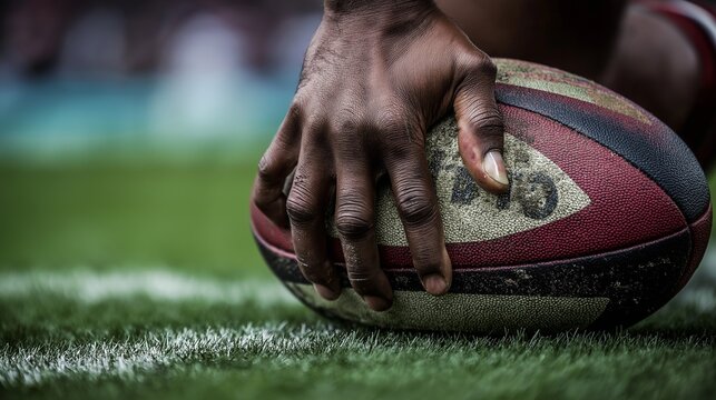 Close-up shot of rugby player with hand on ball