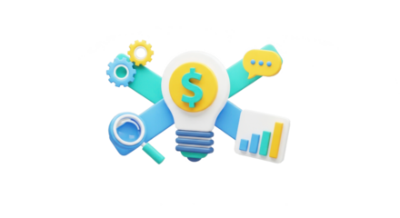 A light bulb with gears, a speech bubble, and a bar graph on a blue and yellow background.
