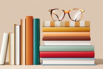 Stack of colorful books with glasses on top, minimalist composition in soft tones
