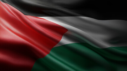 A close up view of a palestine flag waving with black red white and green colors in a detailed shot