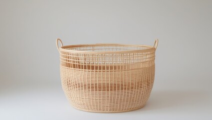 Fototapeta premium A light beige, woven basket with handles sits on a plain background.