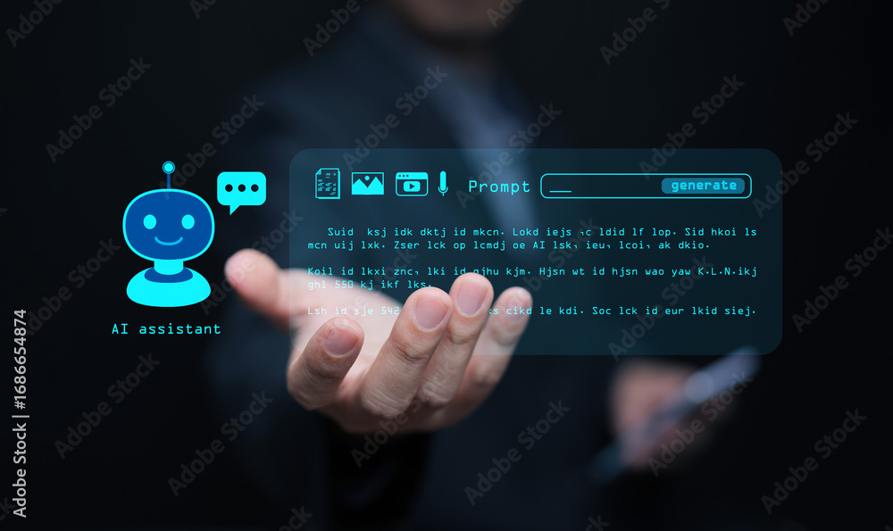Poster futuristic ai assistant interface with chatbot and digital prompt generation, symbolizing artificial