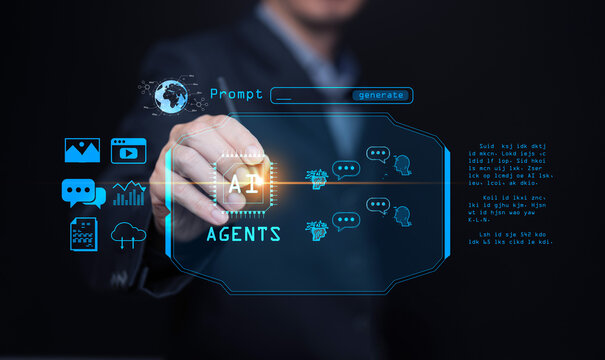 Futuristic AI agent assistant interface with chatbot, automation, and digital prompt generation, symbolizing artificial intelligence tools designed to support humans in modern business tasks.