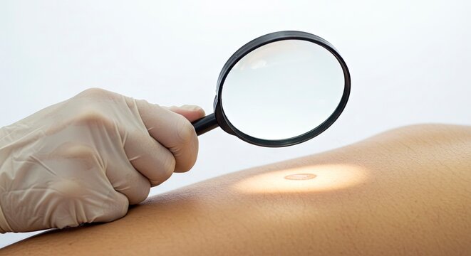 A gloved hand holds a magnifying glass over a mole on a lightskinned arm against a white background