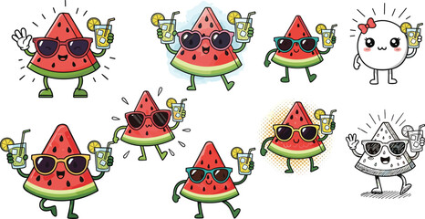 Cute cartoon watermelon characters, funny summer fruit illustration, kawaii watermelon slice with sunglasses, happy fruit drinking lemonade, adorable fresh fruit drawing