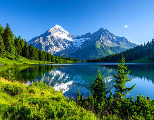 Naklejka premium Majestic mountain landscape with lake under clear sky