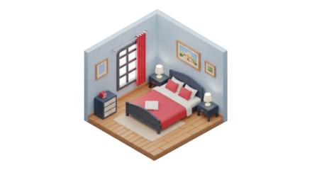 A cozy bedroom with a bed, nightstands, and a window.