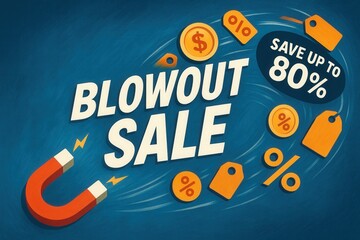 Blowout sale banner with SAVE UP TO 80% discount offer, vibrant cartoon style, compelling retail promotion appeal.