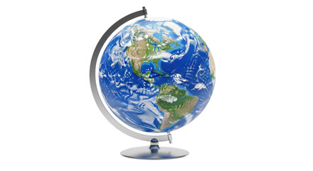A globe with a blue and green color scheme, representing the Earth, isolated on a white background.