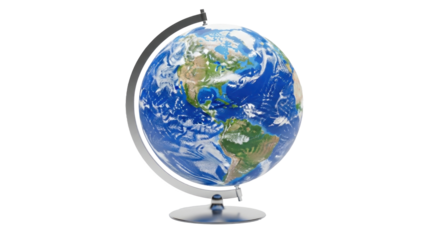 A globe with a blue and green color scheme, representing the Earth, isolated on a white background.