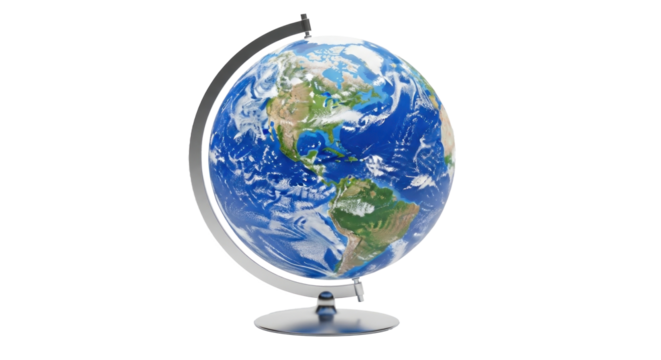A globe with a blue and green color scheme, representing the Earth, isolated on a white background.