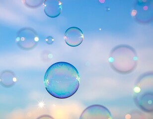 A beautiful scene of vibrant iridescent soap bubbles floating freely through the air against a serene, light blue sky on a sunny day