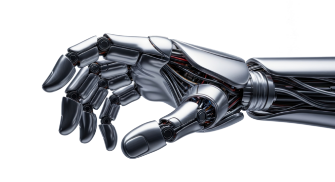 A metallic robot arm with a mechanical hand, reaching out towards a white background.