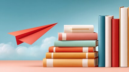 Colorful books stacked neatly with a paper airplane by a blue background