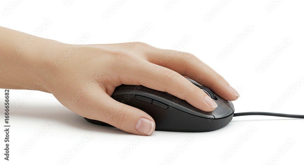 Poster a hand rests on a black computer mouse with a visible cord set against a plain white background