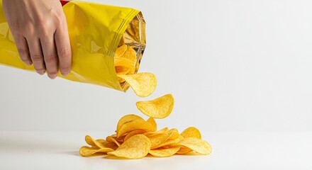 A hand tilts a yellow bag spilling crispy chips onto a white surface