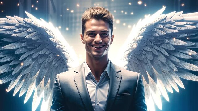 Businessman with angel wings in fantasy light