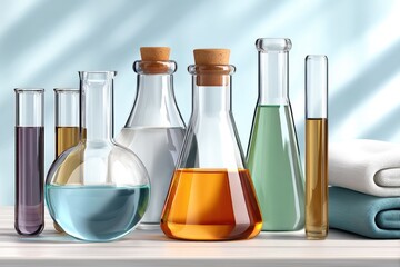 Various laboratory flasks and beakers with colorful liquid solutions on a counter