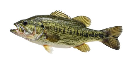 A largemouth bass fish green and black on a white background Mouth open